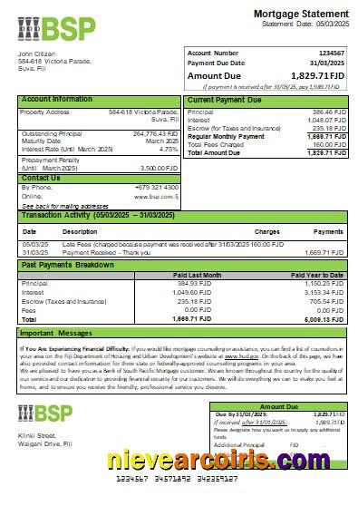 Fiji Bank of South Pacific bank mortgage statement